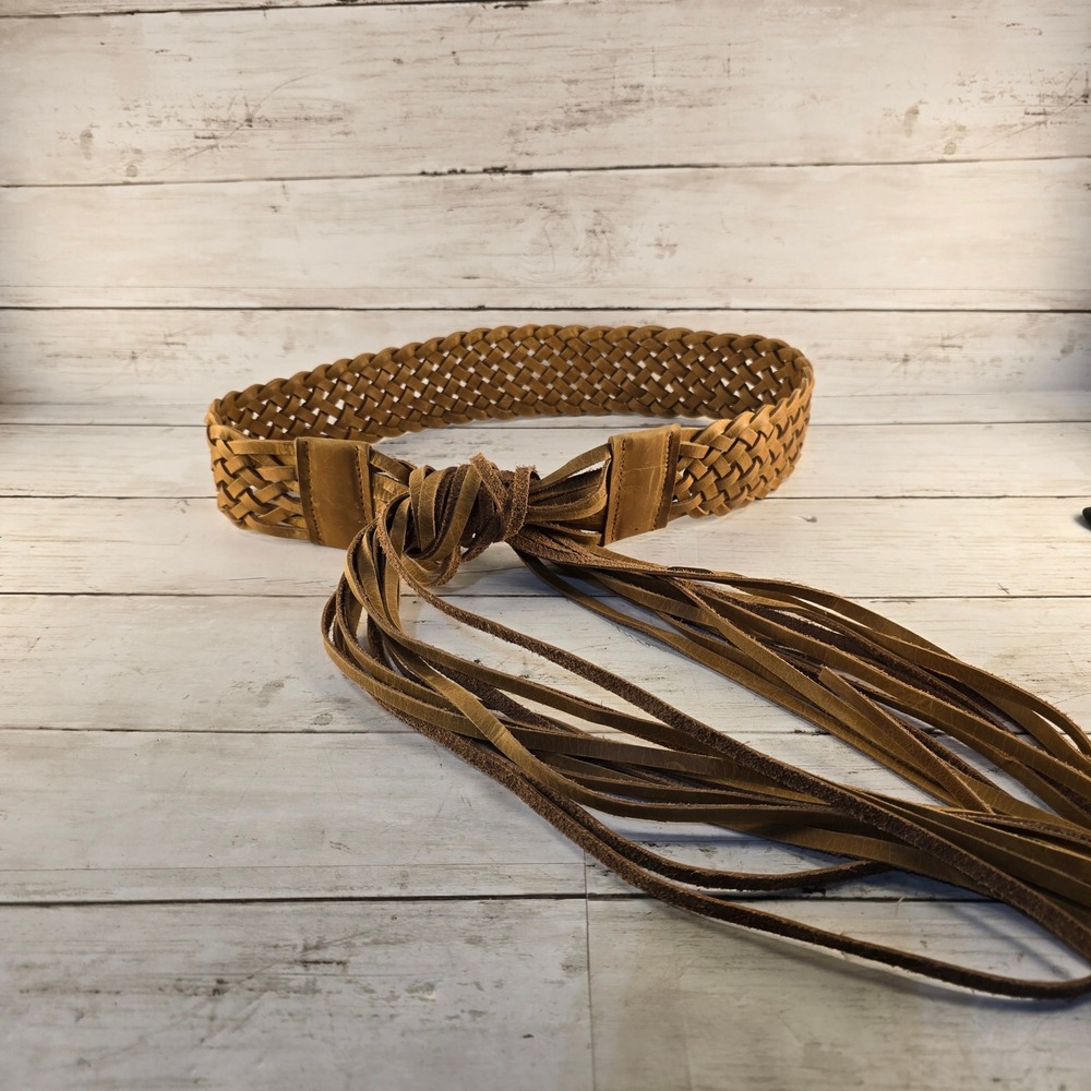 Tan Brown Woven Leather Fringe Wrap Belt Boho Braided Obi Waist Cinch Wide